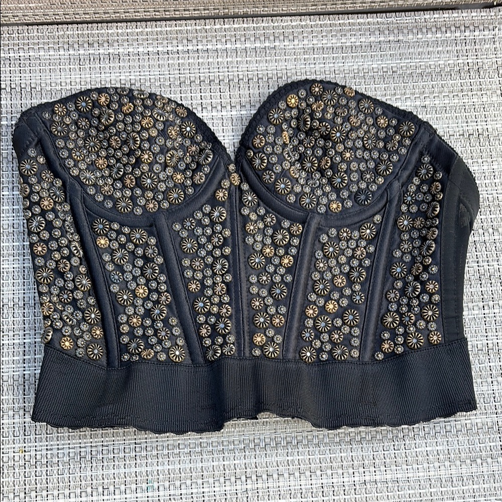 Black Metal Embellished Corset Top-34B-VINTAGE